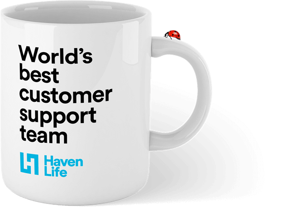 White coffee mug with the sentence 'World's best customer support team' printed on the front
