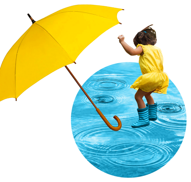 Girl in a yellow dress and umbrella jumping on a puddle